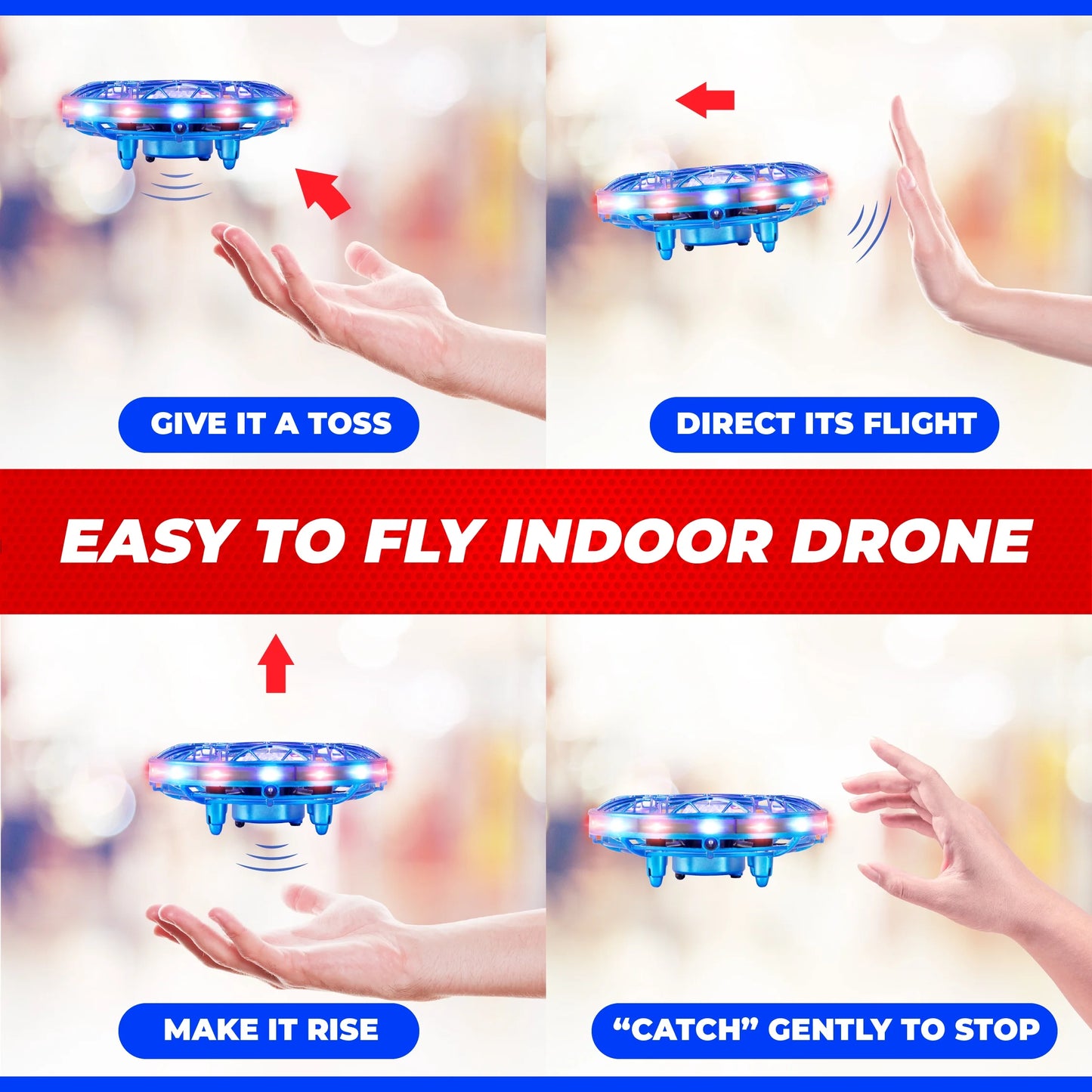 Scoot Pro Aerial Mini Hand Operated UFO Drone – LED Lights, Rechargeable Toy for Kids 8+
